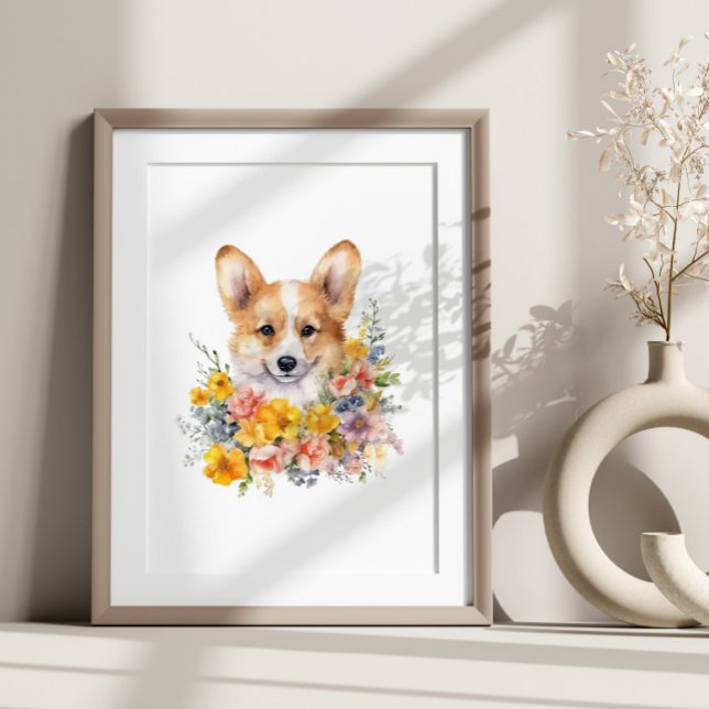 Poster Corgi Chiot Funky Animal Fleur Aquarelle (Créateur téléchargé)