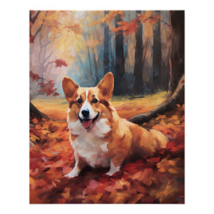 Poster Corgi dans les feuilles d'automne qui tombent insp