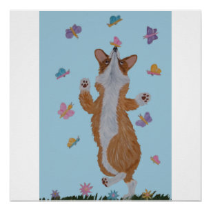 Poster Corgi gallois dansant avec des papillons