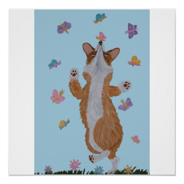 Poster Corgi gallois dansant avec des papillons (Devant)