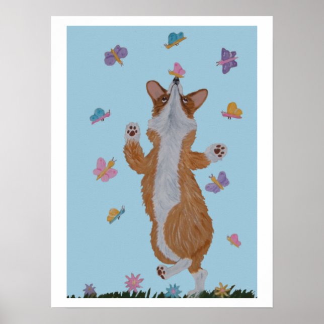 Poster Corgi gallois dansant avec des papillons (Devant)