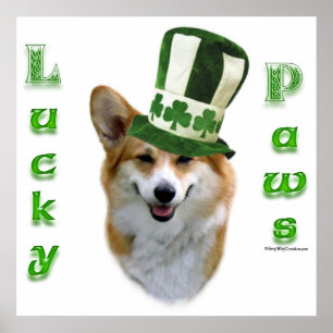 Poster Corgi Lucky Paws; Corgi St Patrick's Day cadeau
