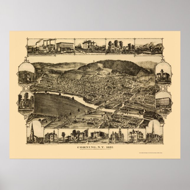 Poster Corning, NY Carte panoramique - 1882 (Devant)