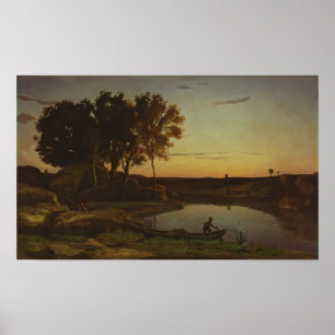 Poster Corot - Paysage avec lac et batelier