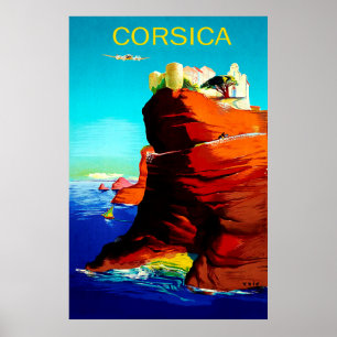 Poster Corse, forteresse médiévale sur la falaise, vintag
