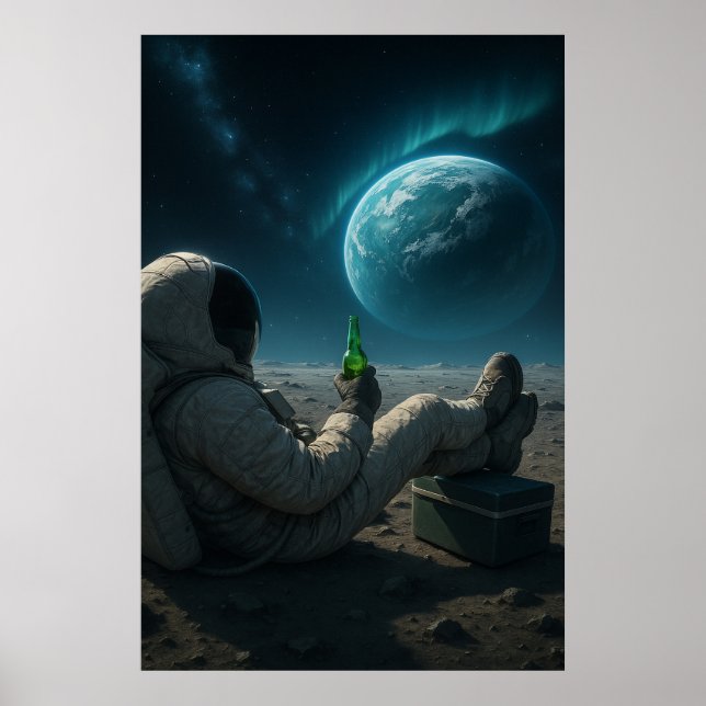 Poster Cosmic Chill — Relaxing Astronaut with Planet View (Devant)