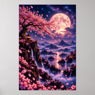 Poster Cosmic Sakura : Violet Nebula Art Fantastique Céle