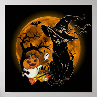 Poster Costume de sorcière de chat noir effrayant Hallowe