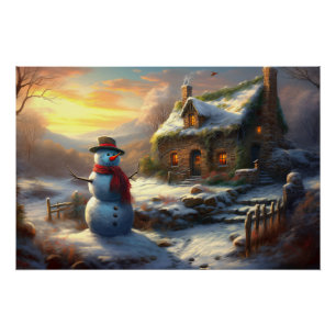 Poster Cosy Christmas Cottage & Snowman hiver vintage