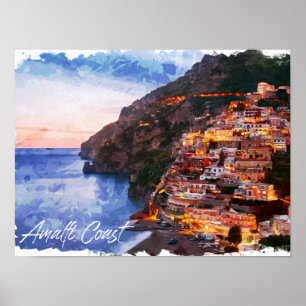 Poster Côte d'Amalfi Italie Aquarelle Positano