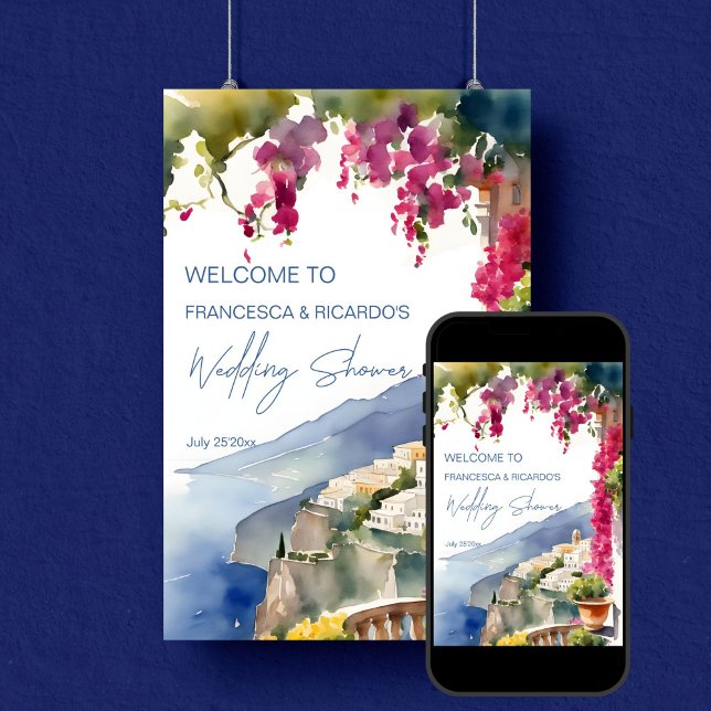 Poster Côte d'Amalfi wedding shower italien bienvenue (Amalfi coast Italian wedding couples shower welcome Poster editable template digital download)