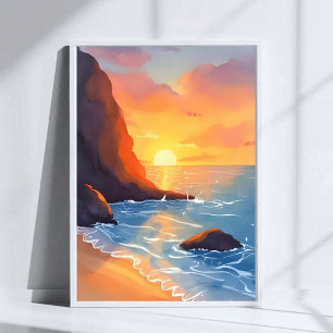 Poster Côte de coucher de soleil Vagues de l'océan de l