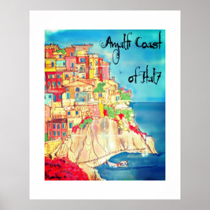 Poster Côte italienne d'Italie, œuvre d'art colorée 24" X