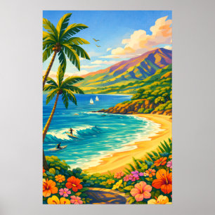 Poster Côte tropicale rétro de voyage de Maui Hawaï