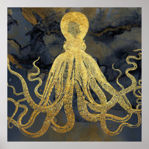 Poster Côte Vintage or bleu noir octopus aquarelle