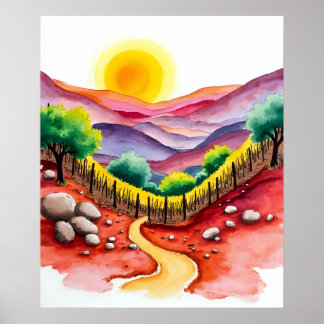 Poster Coteau de coucher de soleil avec aquarelle d'arbre