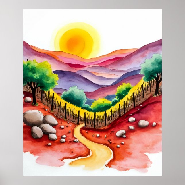 Poster Coteau de coucher de soleil avec aquarelle d'arbre (Devant)
