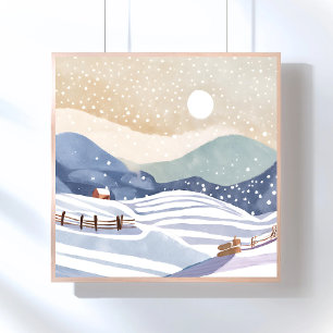 Poster Coteau neigeux   Aquarelle hiver