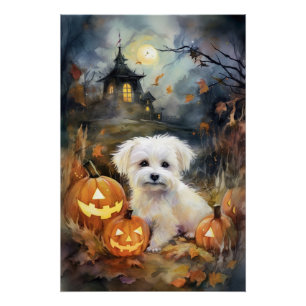Poster Coton De Tulear Halloween avec citrouilles effraya