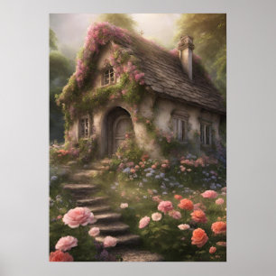 Poster Cottage à fleurs roses