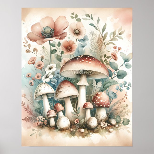 Poster Cottage | Champignons et fleurs vintages (Devant)
