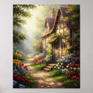 Poster Cottage ensoleillé & fleurs | Chef-d'œuvre à l'hui