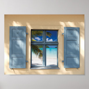 Poster Cottage rustique Faux Window Vue Plage tropicale