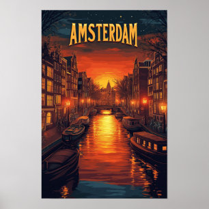 Poster Coucher de soleil à Amsterdam Pays-Bas Vintage Voy