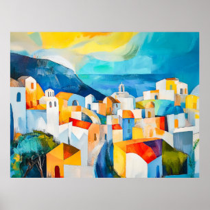 Poster Coucher de soleil à Santorin dans des couleurs viv