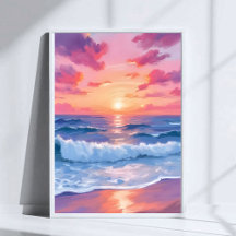 Coucher de soleil aquarelle vagues océaniques rose