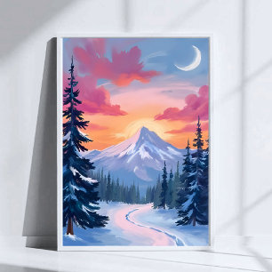 Poster Coucher de soleil au sommet enneigé   Peinture de 
