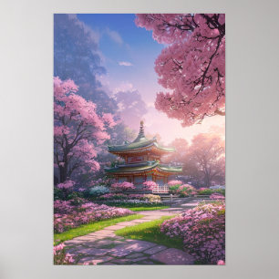 Poster Coucher de soleil au temple japonais