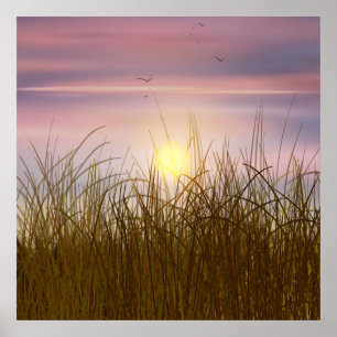 Poster Coucher de soleil champ de blé doré peinture à l'h