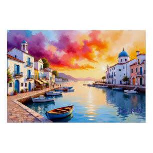 Poster Coucher de soleil dans un village côtier méditerra