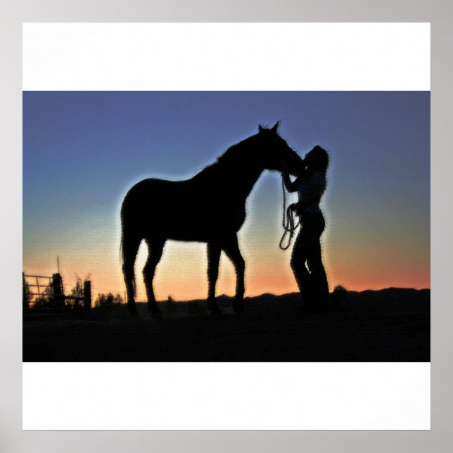 Poster Coucher de soleil de cow-girl et de cheval (Devant)
