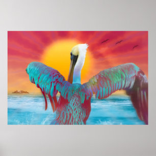 Poster COUCHER DE SOLEIL DE L'ÎLE Pélicane Brown