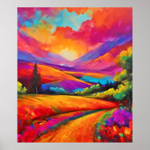 Poster Coucher de soleil de montagne coloré peinture pays