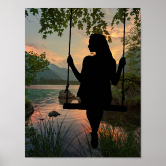 Poster Coucher de soleil d'été du lac Silhouette