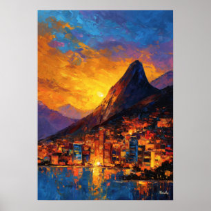 Poster Coucher de soleil doré sur la skyline expressionni