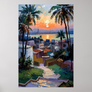 Poster Coucher de soleil doré sur la ville côtière