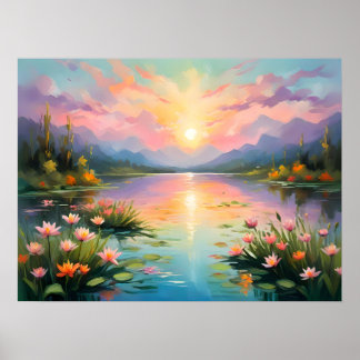 Poster Coucher De Soleil Doré Vibrant Sur Le Lac Tranquil