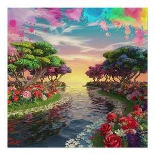 Poster Coucher de soleil en 3D sur le lac Serene avec vib