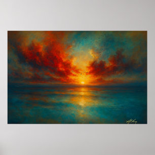 Poster Coucher de soleil enflammé sur une mer tranquille