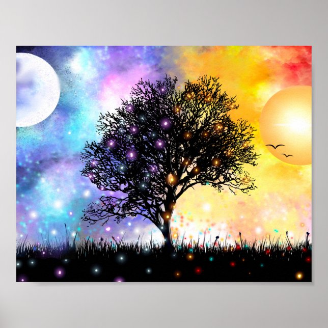 Poster Coucher de soleil et lever de lune Imaginaire aux  (Devant)