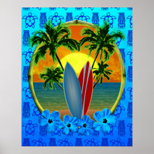 Poster Coucher De Soleil Et Planches De Surf