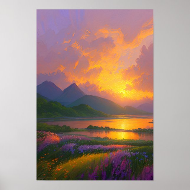 Poster Coucher de soleil flamboyant, Beau lac aux berges  (Devant)