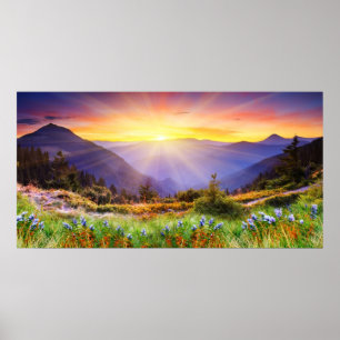 Poster Coucher de soleil majestueux dans le paysage monta