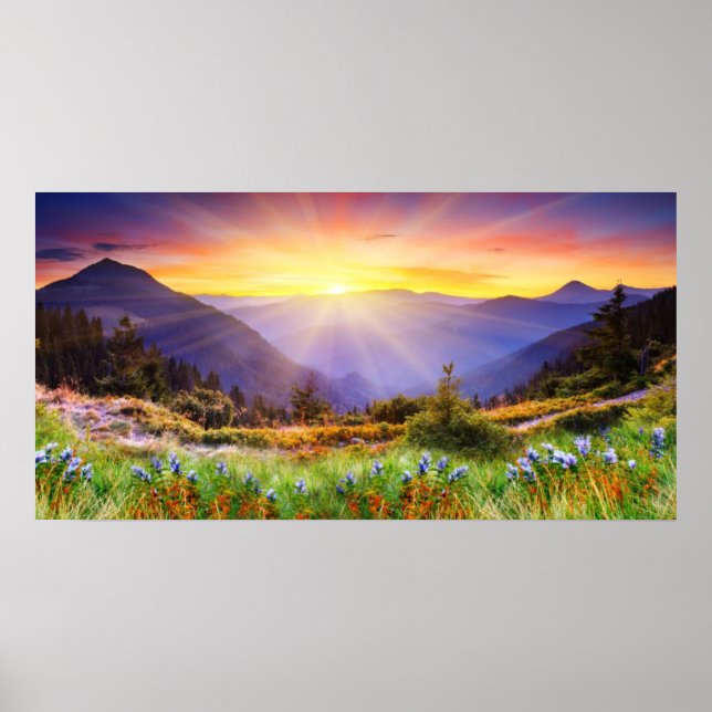 Poster Coucher de soleil majestueux dans le paysage monta (Devant)