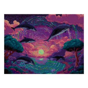 Poster Coucher de soleil néon avec dauphins dans un parad