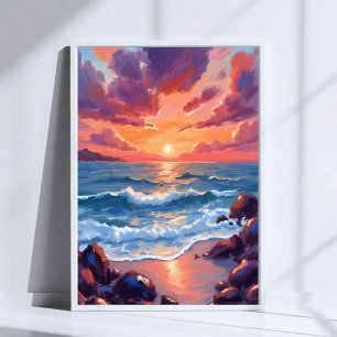 Poster Coucher de soleil océan aquarelle plage côtière